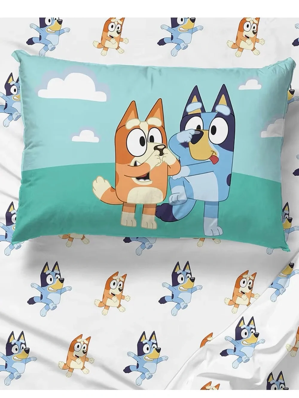 Bluey-Inspired Kids Twin Sheet Set in Aqua and White